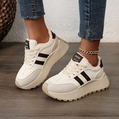 Scarpe da ginnastica invernali da donna con fodera in pile - Scarpe basse con lacci in pelle sintetica con design ricamato e suola spessa e morbida, ideali per un look casual e sportivo, scarpe da ginnastica invernali | Scarpe invernali alla moda | Suola