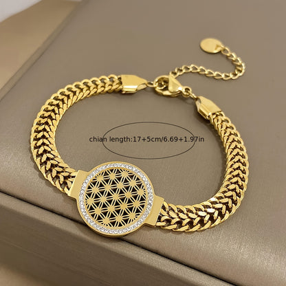 1pz Braccialetto In Acciaio Inossidabile Con Fiori E Uccelli, Rotondo Con Strass In Rilievo, Braccialetto A Cerchio Del Fiore Della Vita