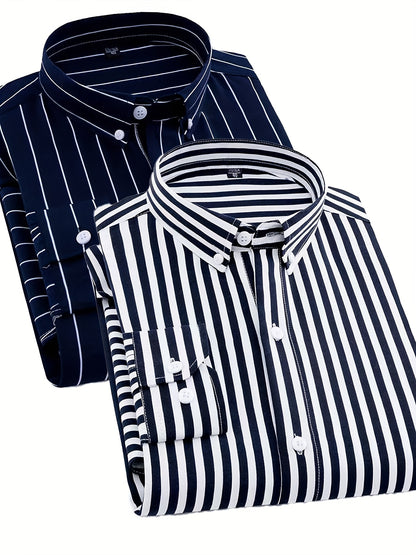 1+1pz Camicia Uomo a Righe con Maniche Lunghe - Colletto Casual, Tessuto Leggero, Ideale per Vacanze al Mare, Appuntamenti e Regali, Top Classico a Righe