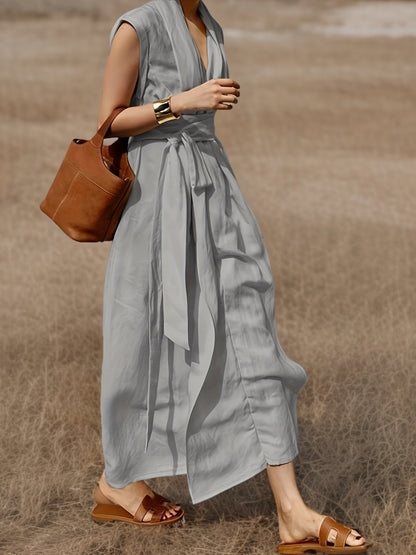 Solid Color Spring And Summer Linen Blend Sleeveless Dress with Pockets, Belt, And an Elegant French Style, Perfect for Vacations.
