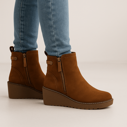 Stivaletto con Zeppa Donna, Design Comodo ed Elegante. Dettagli Cuciti con Chiusura a Cerniera e Linguetta Posteriore. Perfetto per Autunno e Inverno