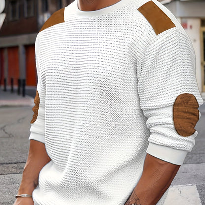 Maglione Casual Uomo in Maglia Waffle con Blocchi di Colore a Contrasto e Patch - Pullover Girocollo Lavabile in Lavatrice per Tempo Libero, Abbigliamento Tessuto