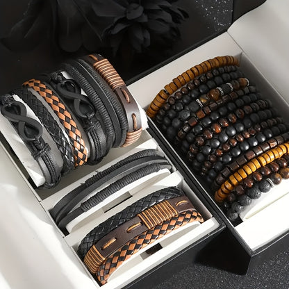 24 pezzi Set di Accessori di Moda da Uomo, Braccialetti in Pelle Sintetica e Perline di Legno in Stile Street, Design Versatili a Strati per Abbigliamento Casual, con Confezione Multipla per Regali (Scatola Non Inclusa)