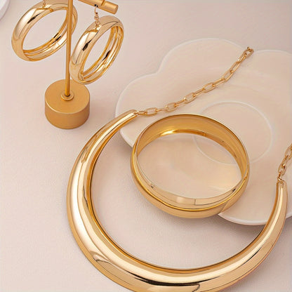 Set di gioielli alla moda urban chic - Collana, bracciale e orecchini a cerchio in lega di stile semplice per abbigliamento quotidiano e da festa