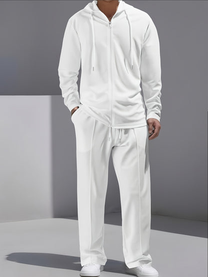 Set di 2 pezzi per uomo con cardigan con cappuccio e zip e pantaloni con coulisse - Pullover casual a maniche lunghe con tasche frontali, colore solido, outfit comodo per la primavera/autunno, abbigliamento per la primavera/autunno | Pullover con cappucci