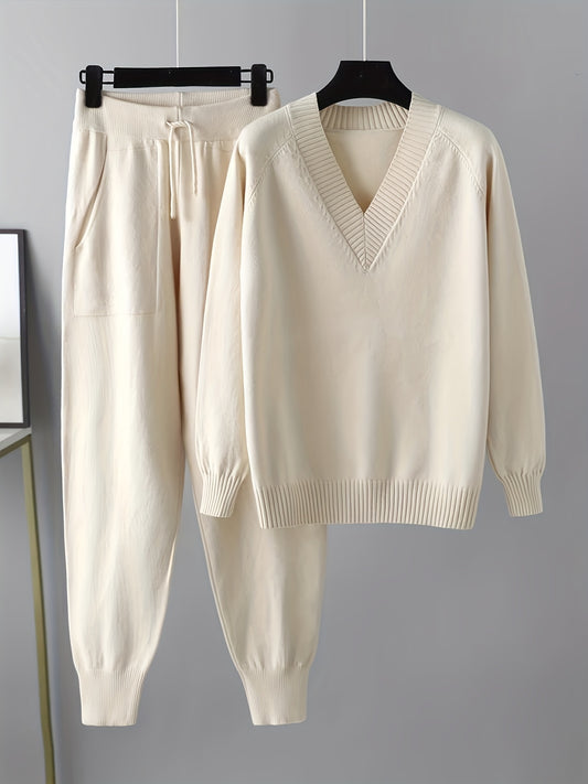 Set a due pezzi, maglione casual a maniche lunghe e pantaloni a V con scollo, senza cintura, lunghezza regolare delle maniche, pantaloni lunghi