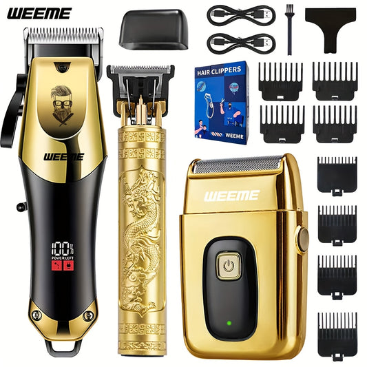 WEEME Set di 3 pezzi per taglio capelli elettrico da uomo, set per parrucchiere domestico, tagliacapelli USB ricaricabile, testina in lega, display LCD, forma intagliata, ideale per casa e viaggi, regalo per la Festa del Papà