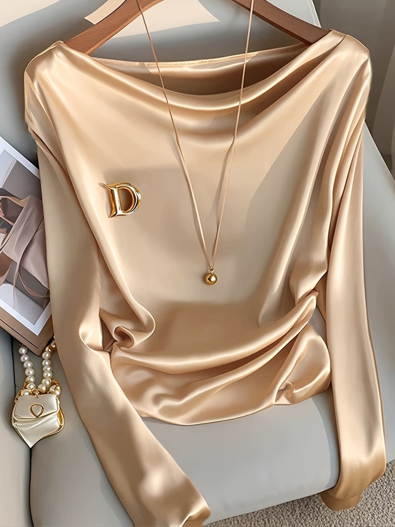 Maglietta elegante a maniche lunghe da donna - Colore solido, vestibilità slim, scollo a giro, poliestere, perfetta per feste, appuntamenti e lavoro, top elegante per tutti i giorni|Top a maniche lunghe e sottili|Tessuto in poliestere