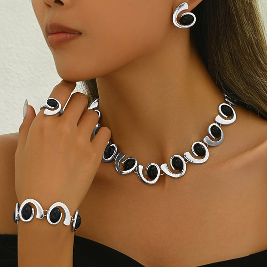 4 pezzi/Set Argento Donna Moda Semplice Collana Orecchini Braccialetto Anello Set Geometrico Ovale Nero Acrilico Intarsiato Spirale Cucitura Perline Pendente Collana Braccialetto Orecchini Anello Boho Spirale Design Set di Gioielli