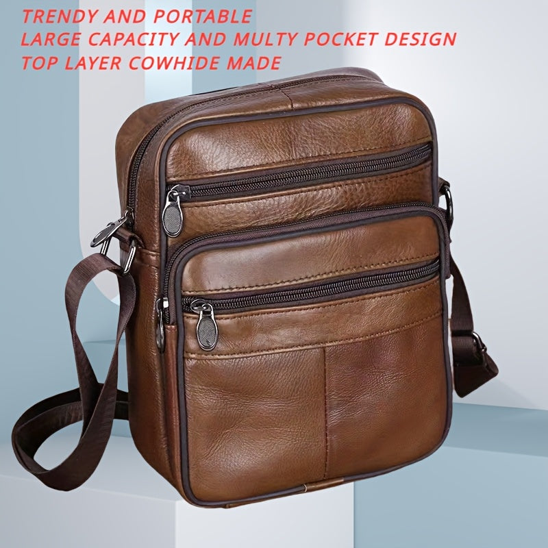 Linea Classic- Borsa a tracolla in vera pelle per uomo - Grande capacità, pelle bovina di alta qualità, marsupio marrone con texture