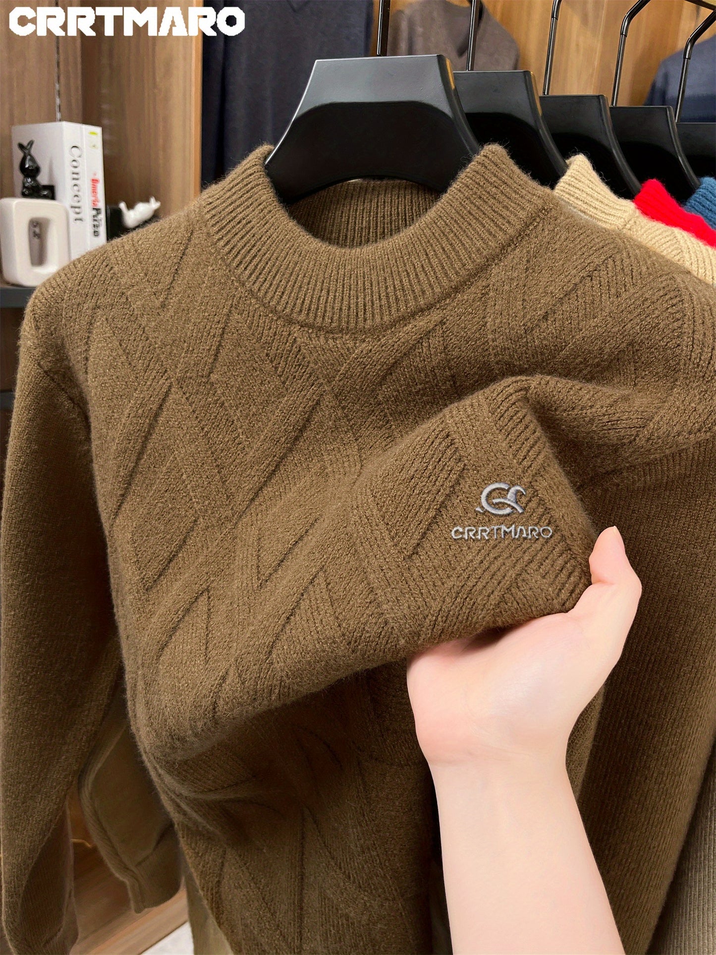 Maglione termico da uomo CARTMARO - Maglione invernale pesante con scollo rotondo, strato base spesso per il freddo per abiti formali e quotidiani - Marrone/rosso scuro - Maglione facile da curare per ufficio, feste, abbigliamento casual - Abbigliamento a