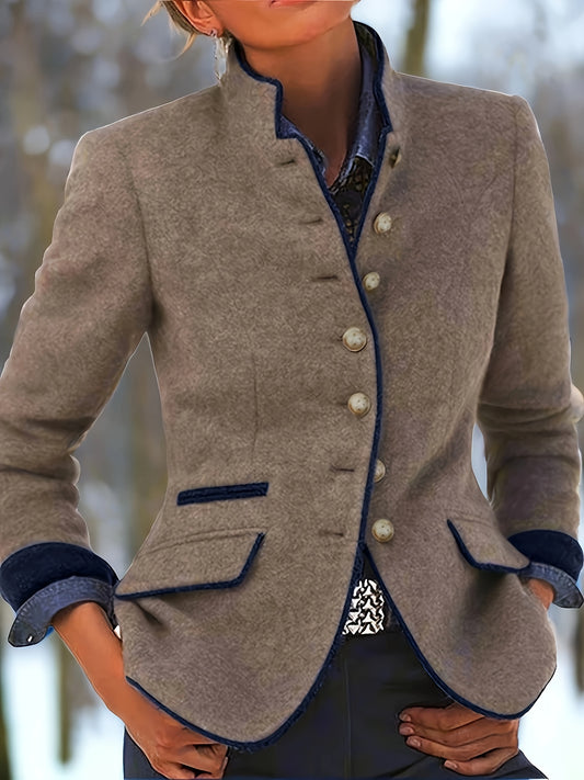 Women'S Vintage Blazer - Elegant Brown Button Front Jacket, Structured H-Silhouette, Long Sleeve Office & Party Coat for Fall/Winter, Formal Events & Everyday Chic Outfits, Ladies Blazer, Seasonal Fashion, Retro Style Jacket, Detailed Button Design