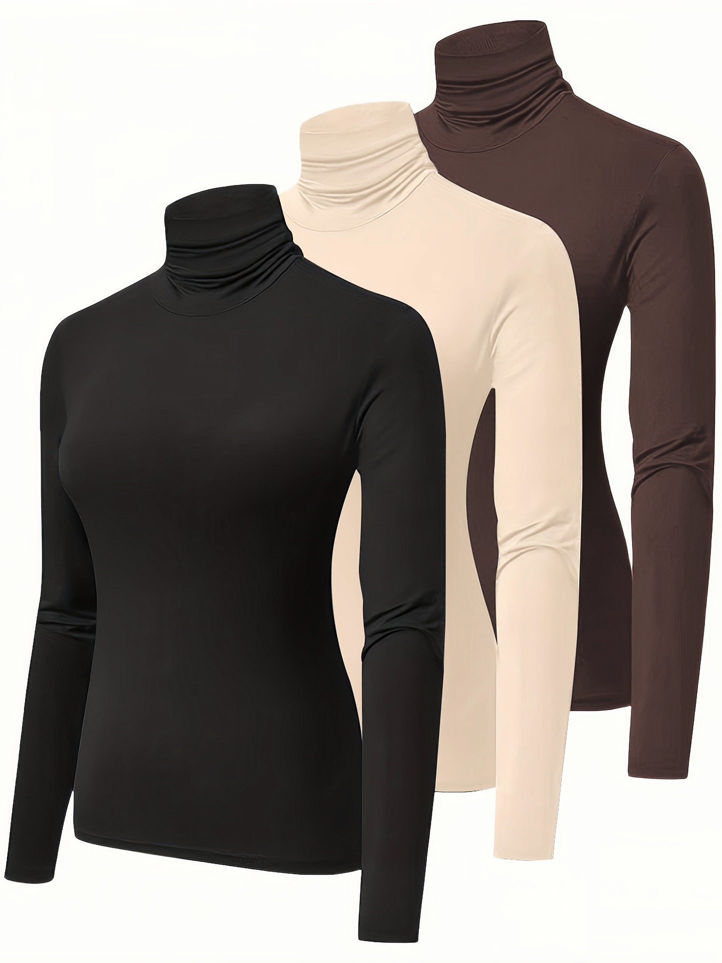 3 Pacchetti Di Magliette A Collo Alto, Top Casual A Maniche Lunghe Per La Primavera E L'autunno, Abbigliamento Da Donna