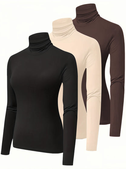 3 Pacchetti Di Magliette A Collo Alto, Top Casual A Maniche Lunghe Per La Primavera E L'autunno, Abbigliamento Da Donna