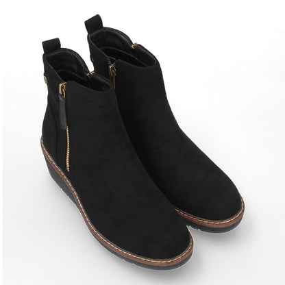 Stivaletto con Zeppa Donna, Design Comodo ed Elegante. Dettagli Cuciti con Chiusura a Cerniera e Linguetta Posteriore. Perfetto per Autunno e Inverno
