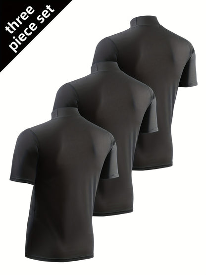 3pezzo Magliette Casual da Uomo a Manica Corta con Collo Alto - Tessuto Morbido, Leggero e Traspirante per la Primavera e l'Estate, Abbigliamento Casual|Stile Casual|Tessuto Elasticizzato