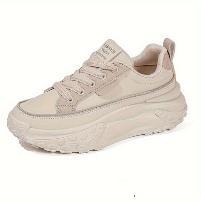 Sneakers da donna alla moda con piattaforma chunky, basse, con lacci, casual, con suola in gomma e sottopiede in microfibra, calzature da passeggio a tinta unita per tutte le stagioni