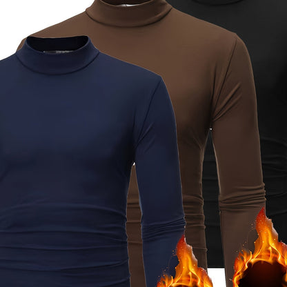 3pcs Camicie a maniche lunghe con collo alto in pile termica per uomo - Slim Fit Stand Collar Base Layer, Top casual invernali a tinta unita per strati, Bianco/Nero/Azzurro marino, Essenziali per il tempo freddo, Collo alto elegante, Camicia comoda