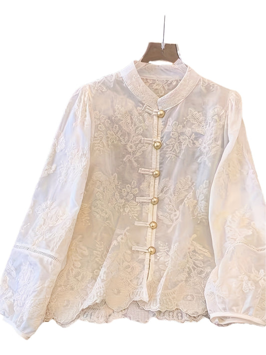 Women's Elegant Chinese-Style Embellished Blouse - Semi-Sheer Stand Collar Button-Front Jacket with Golden-Tone Floral/Butterfly/Lanterns/Clouds Patches, White Traditional Asian-Inspired Top for Weddings & Cultural Events (Machine, Elegant Two Piece Sets