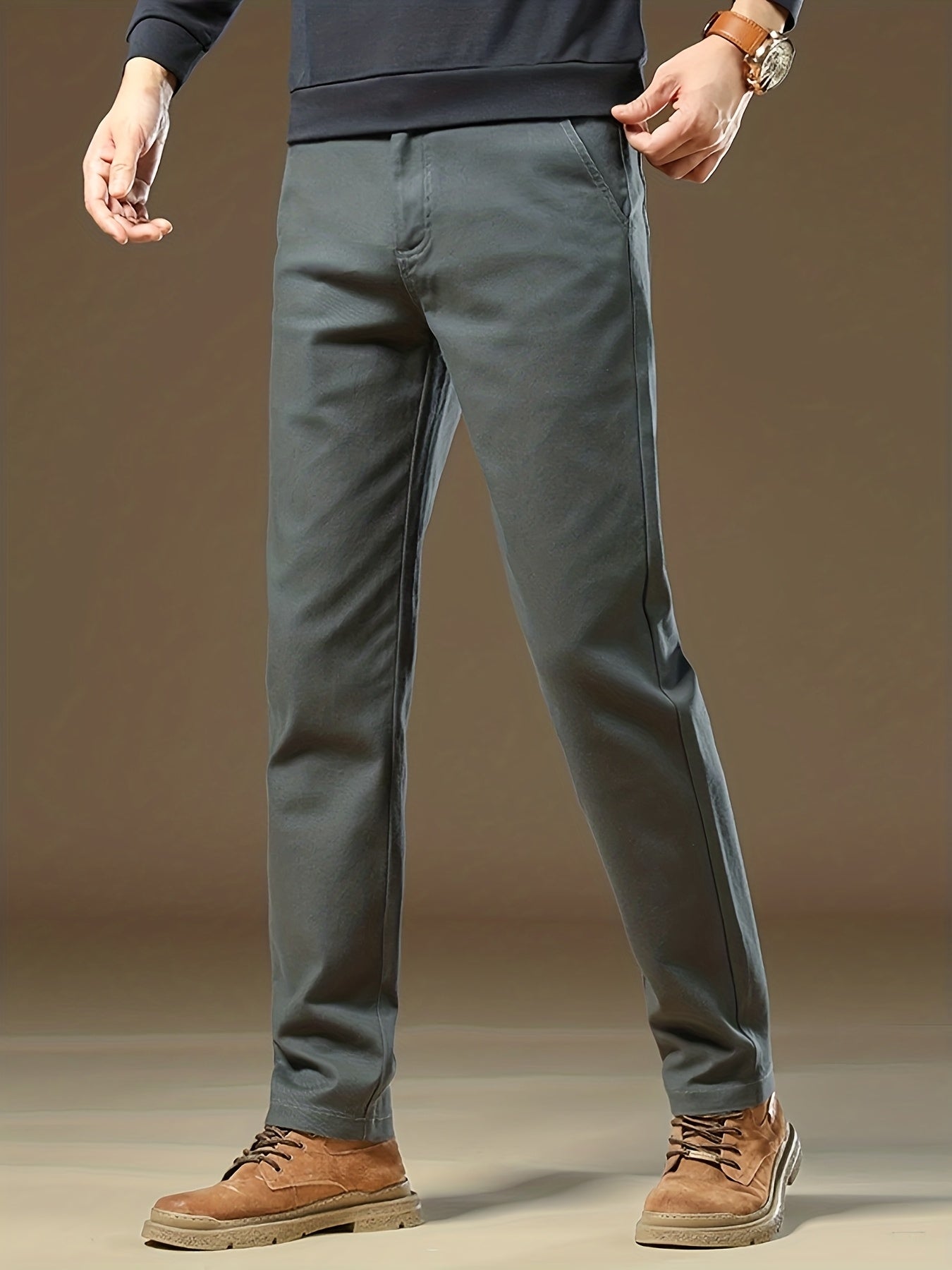 Pantaloni Casual Uomo in Cotone Pesante con Vita Elastica - Beige Tinta Unita, Gamba Larga e Passanti per Cintura, Morbidi Comodi da Inverno Ideali per Ufficio, Eventi Formali & Abbigliamento Quotidiano, Lavabile a Macchina (Lunghezza Regolare)