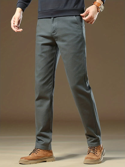 Pantaloni Casual Uomo in Cotone Pesante con Vita Elastica - Beige Tinta Unita, Gamba Larga e Passanti per Cintura, Morbidi Comodi da Inverno Ideali per Ufficio, Eventi Formali & Abbigliamento Quotidiano, Lavabile a Macchina (Lunghezza Regolare)