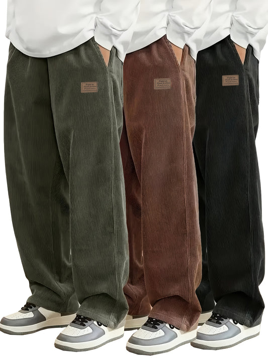 3pcs Pantaloni in velluto a coste ispirati al vintage per uomo - Colore solido, comfort per tutte le stagioni, stile casual e sportivo con tasche per escursioni, ciclismo, attività all'aperto, pantaloni da escursionismo