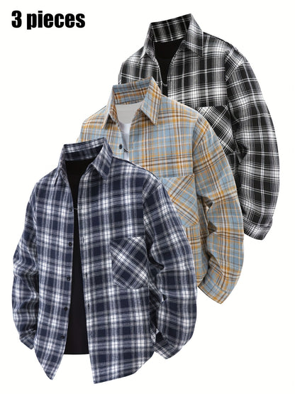 Set di 3 camicie a quadri da uomo - Camicie casual a vestibilità ampia con bottoni, colletto, maniche lunghe e tasche sul petto per abbigliamento primaverile/autunnale da esterno, capispalla versatili e alla moda, abbigliamento primaverile autunnale | Des