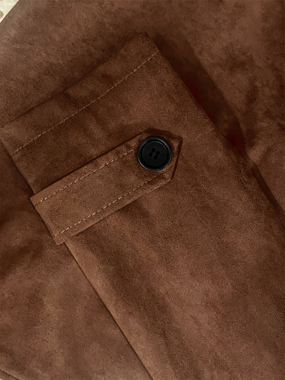 Women's Elegant Vintage Brown -Effect Coat - Classic Lapel Collar & Single-Button Closure, H-Line Silhouette, Machine Washable Winter Jacket for Office, Formal & Casual Attire - Durable All-Season Outerwear with Retro Style & Structured Fit - Timeless Wom