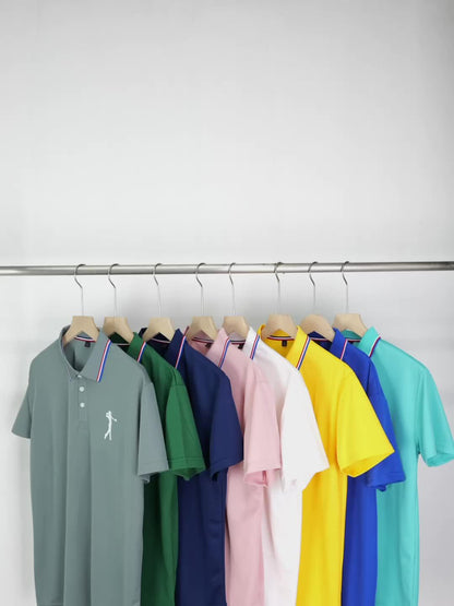 Maglietta da Uomo a Maniche Corte Bianca con Stampa Rosso per Golf, Colletto e Polsini a Righe, Tessuto Traspirante per Estate e Abbigliamento Casual, Lavabile in Lavatrice, Vestibilità Regolare