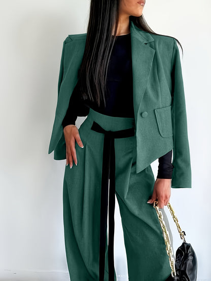 BK052044 Elegant Suit Jacket and Waist-Tie Loose Straight-Leg Wide-Leg Pants Women's Two-Piece Suit