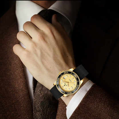 Orologio Meccanico da Uomo RUIQI con Quadrante Luminoso che Brilla al Buio, Faccia Girevole & Display Analogico, Movimento Automatico, Cassa in Tono Oro e Cinturino Nero, Multi-Quadranti per Sport ed Abbigliamento Casual, Elegante orologio analogico di lu