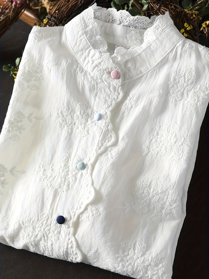Women's Loose Embroidered Blouse with Floral Embroidery & Lace Trim - Stand-Up Collar Long Sleeve Button Front Shirt, Machine Washable All-Season Top for Casual & Office Wear