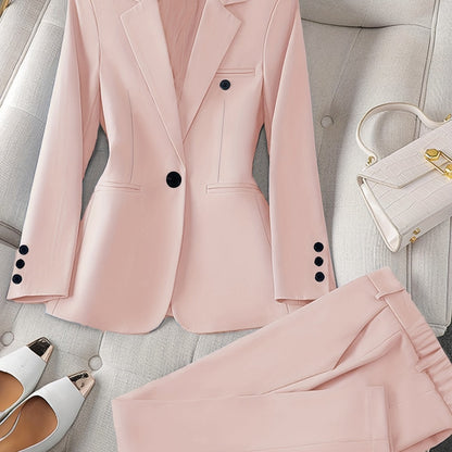 Women'S Casual Two-Piece Set, Stylish Business Solid Color Long Sleeve Suit Jacket and Pants Set, Polyester, Lapel Collar, Regular Fit, All Season, with Optional Handbag and Earrings, for Fashionable Workwear, Business Attire|Sleek Formal Attire|Polyester