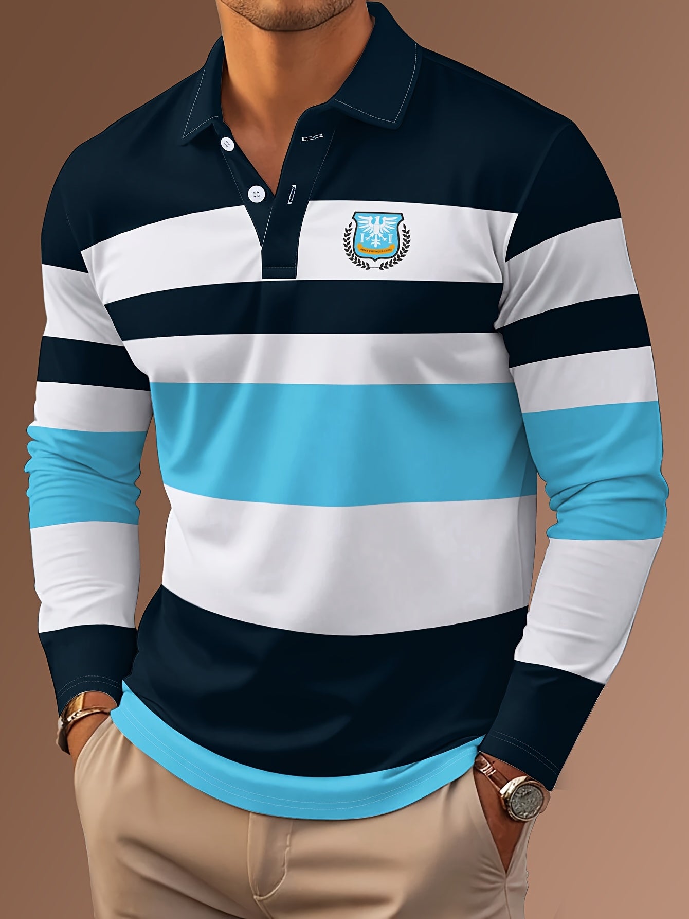 Maglietta polo casual da uomo a maniche lunghe con stampa digitale 3D - Design a righe nere e bianche, colletto con bottoni, vestibilità regolare per abbigliamento casual, abbigliamento confortevole | Stile polo classico | Abbigliamento casual resistente,