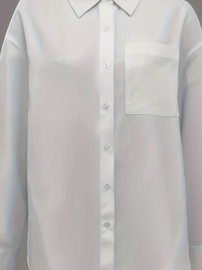 Stile Senza Sforzo, Camicia Bianca Elegante da Donna con Tasca - Manica Lunga, Colletto con Bottoni, Poliestere Non Elasticizzato - Lavabile in Lavatrice
