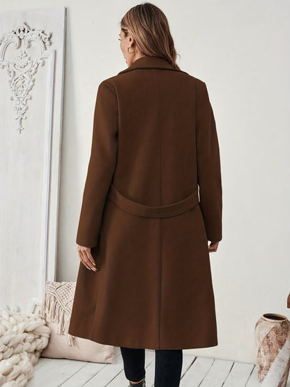 Women's Elegant Long Black Tweed Coat with Adjustable Belt - H-Silhouette Asymmetrical Hem, Machine Washable Winter Trench Coat for Fall & Winter, Office to Evening Versatile Outerwear, Notch Lapel Design