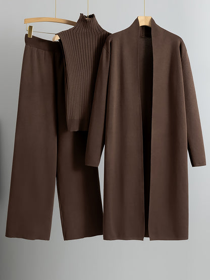 Set Invernale da Donna 3 Pezzi - Elegante Tuta Ispirata al Stile Coreano con Blazer a Collo, Pantaloni a Gamba Larga e Giacca | Lavabile a Mano per Ufficio e Semi-Formale, Beige/Marrone/Blu Navy/Taupe (Non Lavare a Secco)