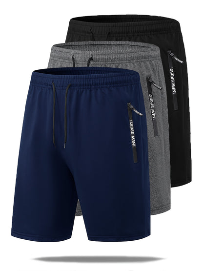 Set di 3 pantaloncini sportivi casual estivi da uomo con elastico in vita e coulisse, con tasche con cerniera, ideali per allenamenti, corsa, palestra e sport all'aria aperta.