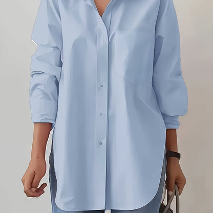Women'S Elegant Solid Color Button-Up Shirt with Long Sleeves - Red, Casual Style, Perfect for Spring/Summer, Casual Attire|Elegant Buttonup|Long Sleeve Shirt