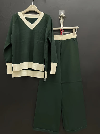 Set casual da donna in due pezzi: maglione a V con scollo e pantaloni larghi e a vita bassa - Verde con dettagli bianchi, perfetto per la primavera/autunno