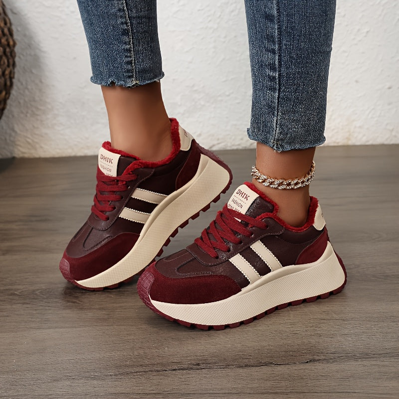Scarpe da ginnastica invernali da donna con fodera in pile - Scarpe basse con lacci in pelle sintetica con design ricamato e suola spessa e morbida, ideali per un look casual e sportivo, scarpe da ginnastica invernali | Scarpe invernali alla moda | Suola