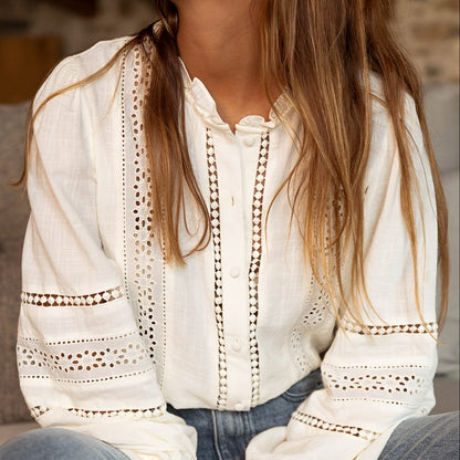Women's Elegant Blouse - Semi-Sheer Long Sleeve Shirt with Lace-like Button Front Placket, Loose Fit Non-Stretch Office & Everyday Blouse for Spring/Fall/Summer - Women's Clothing, Spring Fashion, Delicate Embroidery, Intricate Detailing, Embroidered Top,