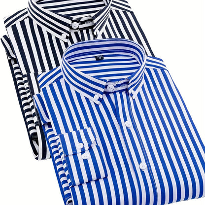 1+1pz Camicia Uomo a Righe con Maniche Lunghe - Colletto Casual, Tessuto Leggero, Ideale per Vacanze al Mare, Appuntamenti e Regali, Top Classico a Righe