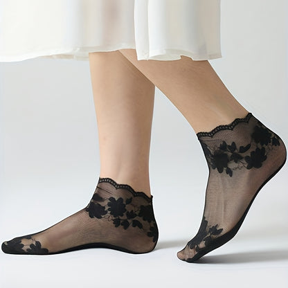 3 Paia di Calzini da Donna in Pizzo Trasparente per l'Estate - Motivo Floreale Nero, Tessuto in Rete Traspirante, Design a Tinta Unita, Lavabile a Mano, Eleganti Accessori per la Calzatura Casual, Calzini Carini