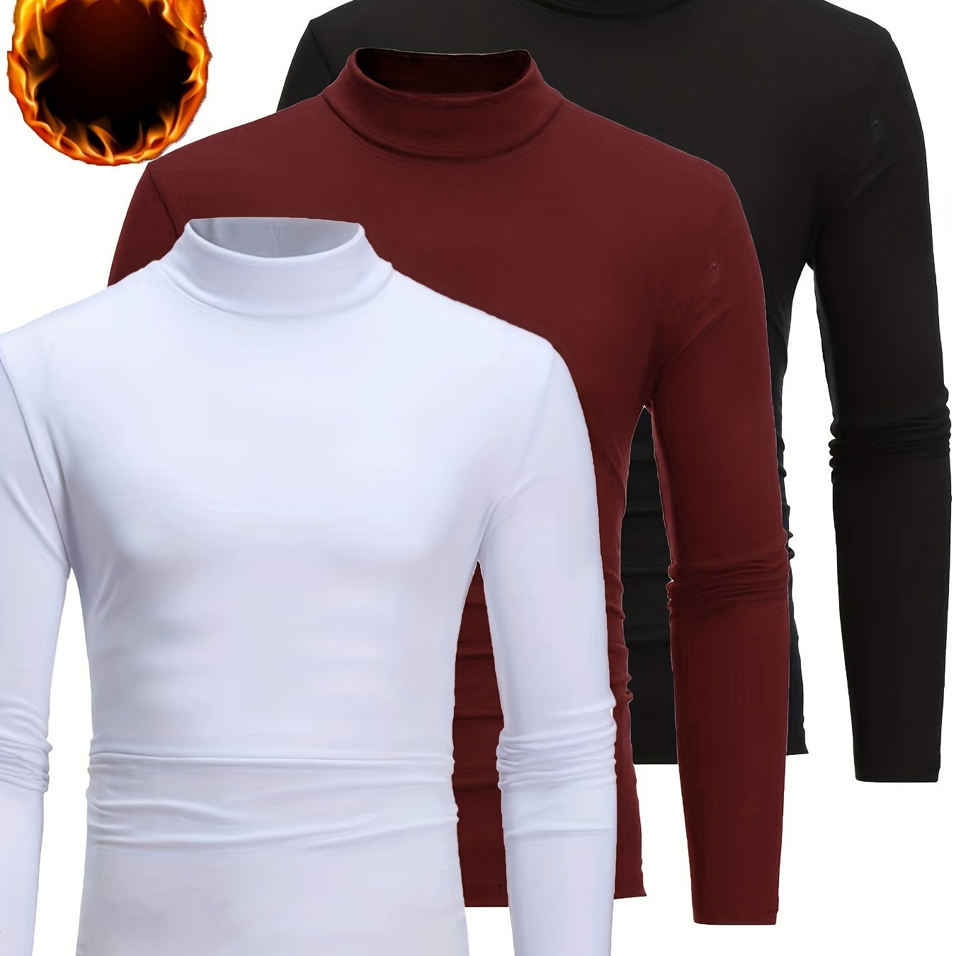 3pcs Camicie a maniche lunghe con collo alto in pile termica per uomo - Slim Fit Stand Collar Base Layer, Top casual invernali a tinta unita per strati, Bianco/Nero/Azzurro marino, Essenziali per il tempo freddo, Collo alto elegante, Camicia comoda