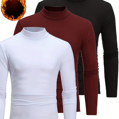 3pcs Camicie a maniche lunghe con collo alto in pile termica per uomo - Slim Fit Stand Collar Base Layer, Top casual invernali a tinta unita per strati, Bianco/Nero/Azzurro marino, Essenziali per il tempo freddo, Collo alto elegante, Camicia comoda