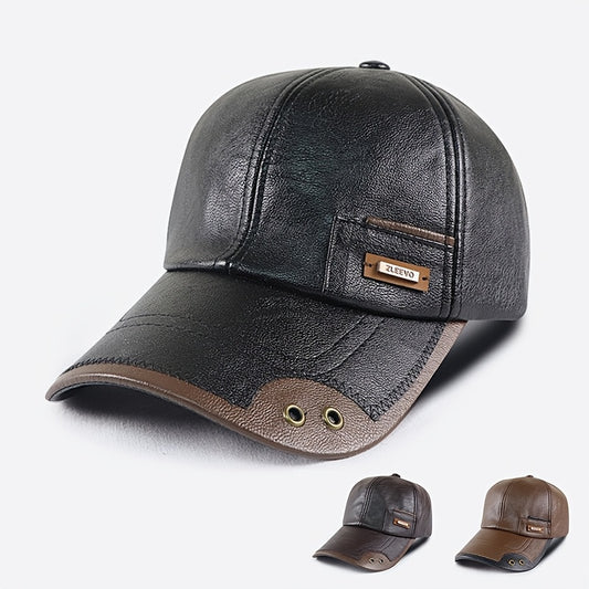 1pz Cappello da baseball casual in similpelle da uomo, cappello invernale alla moda regolabile con fodera in pile per persone di mezza età e anziani