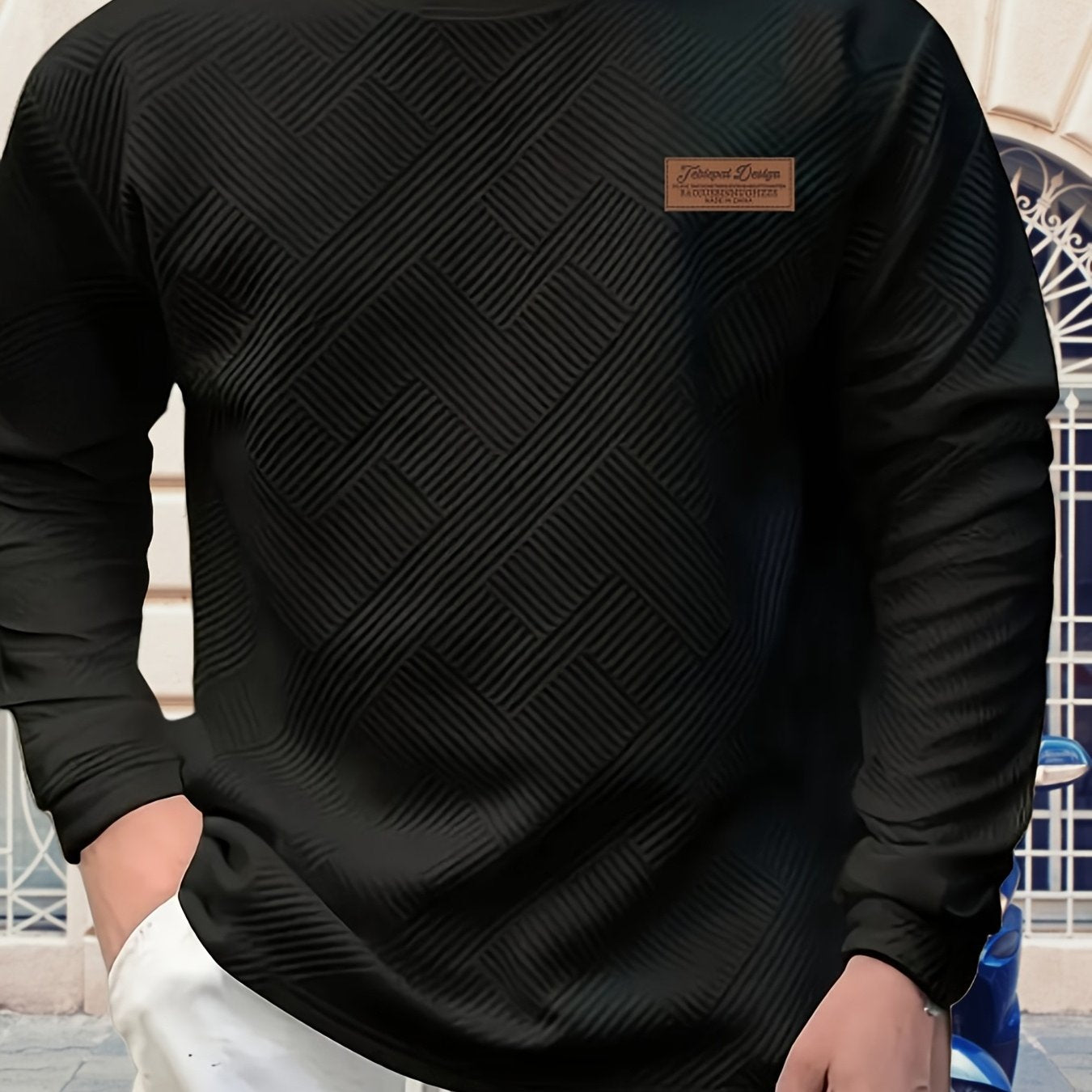 Maglione Uomo a Manica Lunga con Motivo Geometrico - Design Blu Vibrante e Nero, Taglio Regolare per Primavera/Autunno, Tessuto Comodo, Stile Casual, Cuciture di Qualità, Top Modaiolo, Abbigliamento Autunnale, Ideale per Giovani Adulti