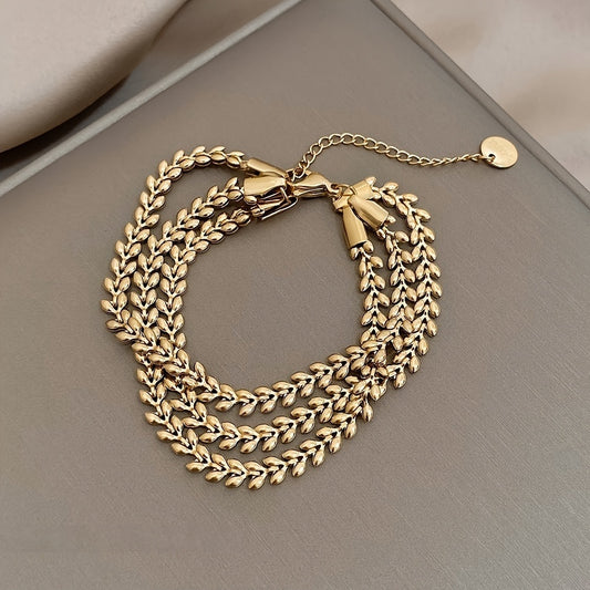 Women's Stainless Steel Wheat Design Golden-Tone Multi-Layer Chain Bracelet - Adjustable Lobster Clasp Statement Jewelry for Parties, Casual Attire & Special Occasions, Fashion Accessory, Elegant Style, Stylish Craftsmanship, Accessory Enthusiasts