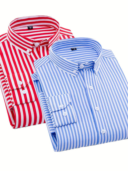 1+1pz Camicia Uomo a Righe con Maniche Lunghe - Colletto Casual, Tessuto Leggero, Ideale per Vacanze al Mare, Appuntamenti e Regali, Top Classico a Righe